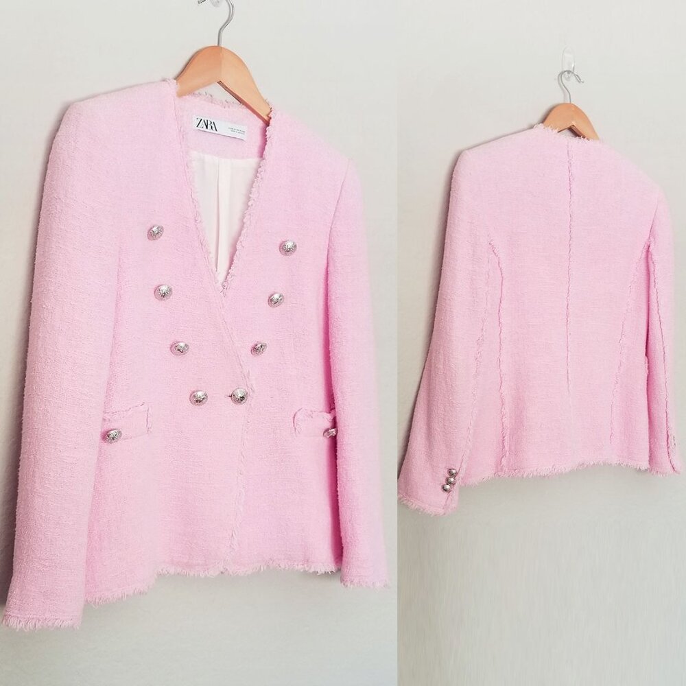 Zara Pink Tweed Blazer Jacket Metallic Buttons XS Blogger's Favorite Romantic - Picture 6 of 16